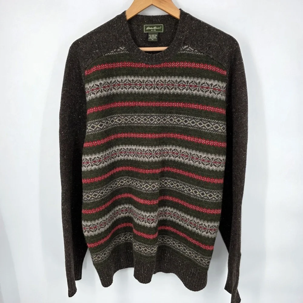 Eddie Bauer Sweater Nordic Fair Isle‎ Brown Wool Camel Blend Pullover Mens XL - Picture 2 of 7